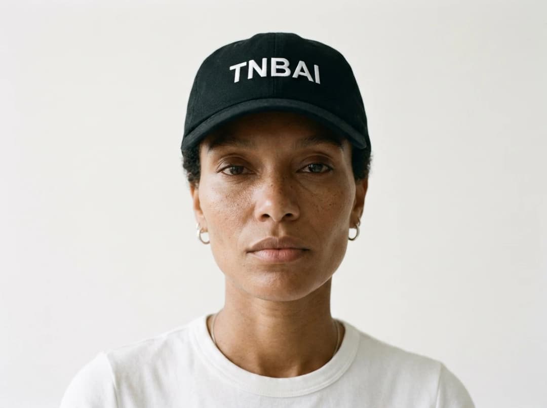 a black cap with a white TNBAI logo placed on the front, worn by a model in a white t-shirt
