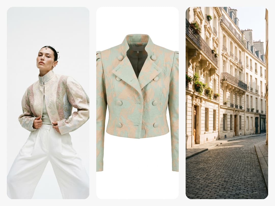Three reference pictures: a model, a mint and peach jacquard jacket on a ghost mannequin, and a sunlit Parisian street