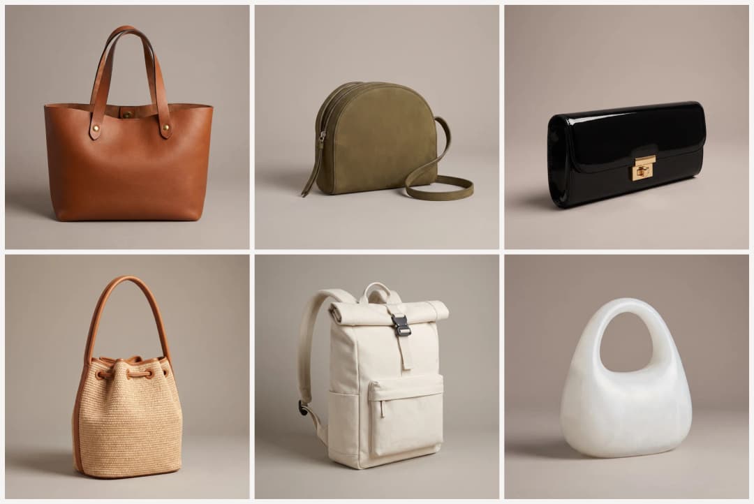 Six AI bag designs in six materials: cognac leather tote, olive nubuck crossbody, black patent clutch, raffia bucket bag, canvas roll-top backpack, moulded resin top handle