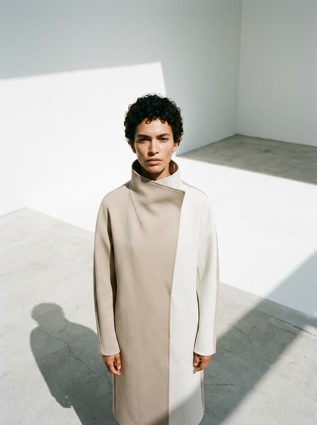 Model in a sculptural funnel-neck coat in a bright white space