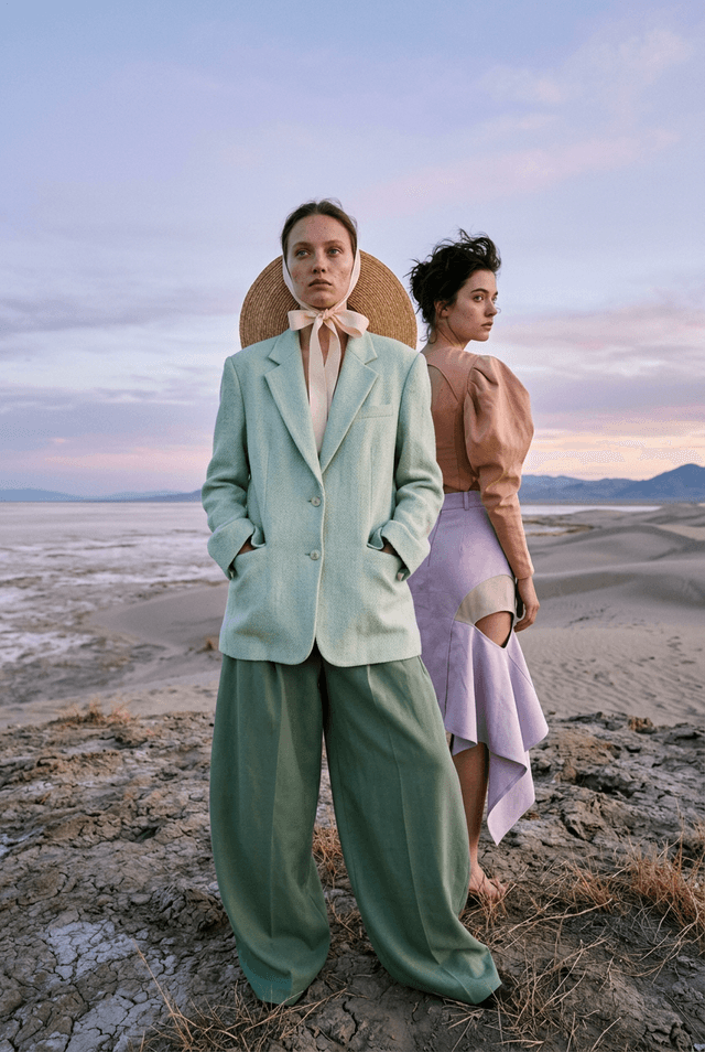 Two female models in pastel tailoring, one facing the lens, one looking over her shoulder