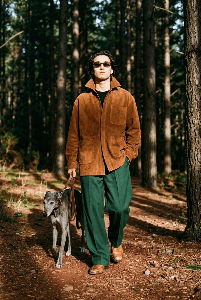 Male model in a suede jacket walking a greyhound in a pine forest