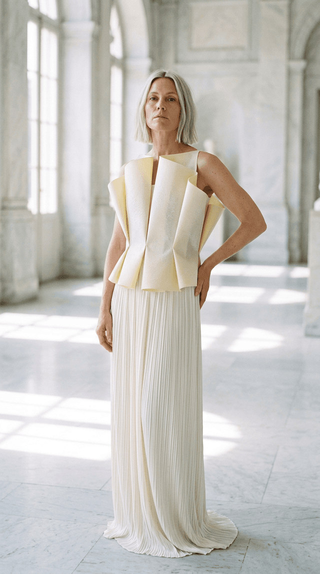 Female model in a cream peplum top and pleated skirt, hand on her waist