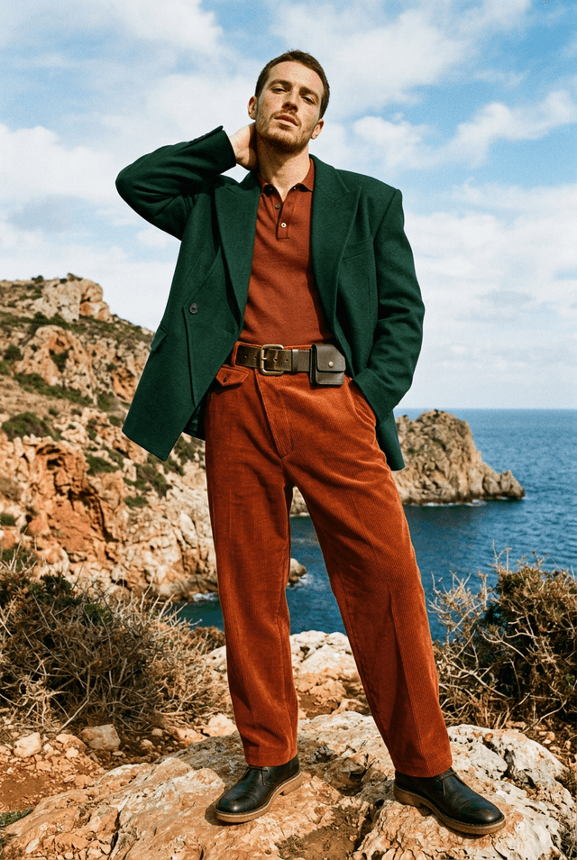 Male model in rust corduroy trousers and a leather belt, shot from a low angle