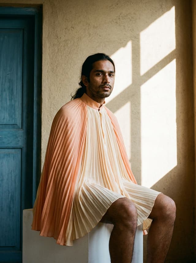 Male model seated in a pleated peach stand-collar cape