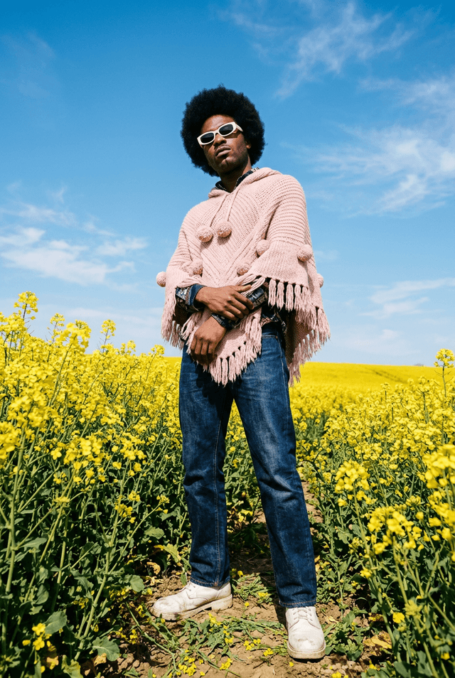 Male model in a pink fringed knit and jeans in a yellow rapeseed field