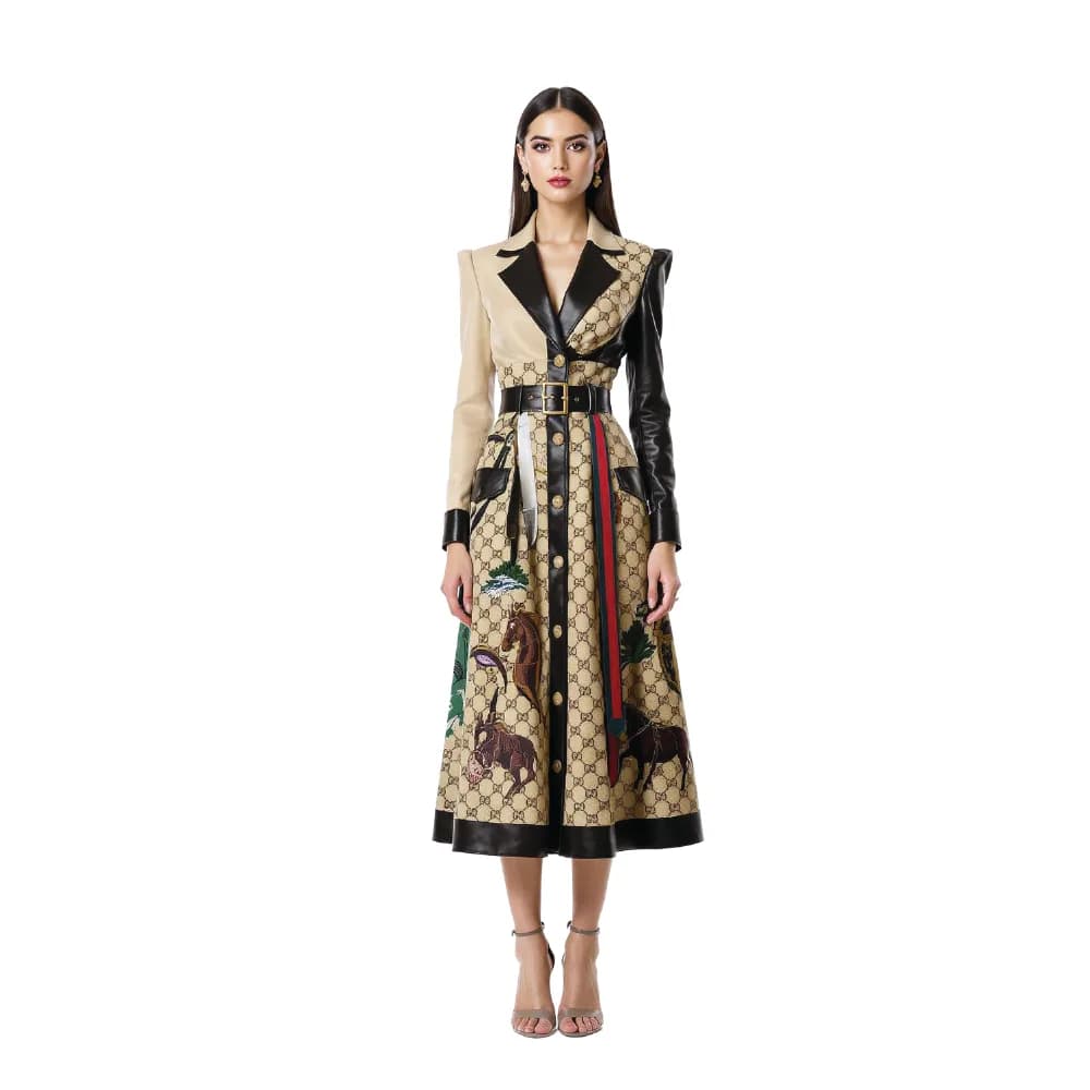 A coat mixing leather panels, beige tailoring and a printed skirt, generated from a Visual DNA