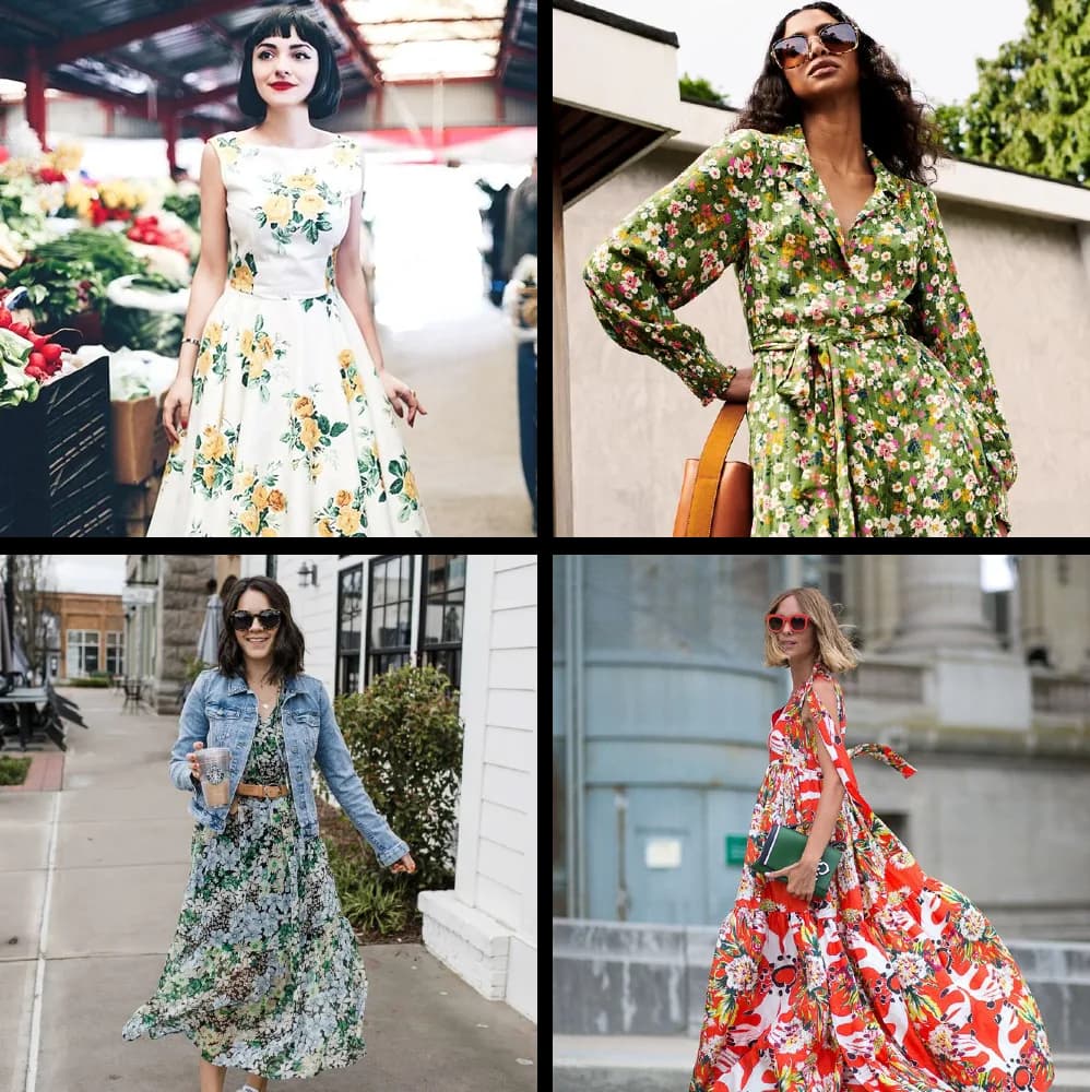 Four street style reference photos of floral print dresses used as a training set
