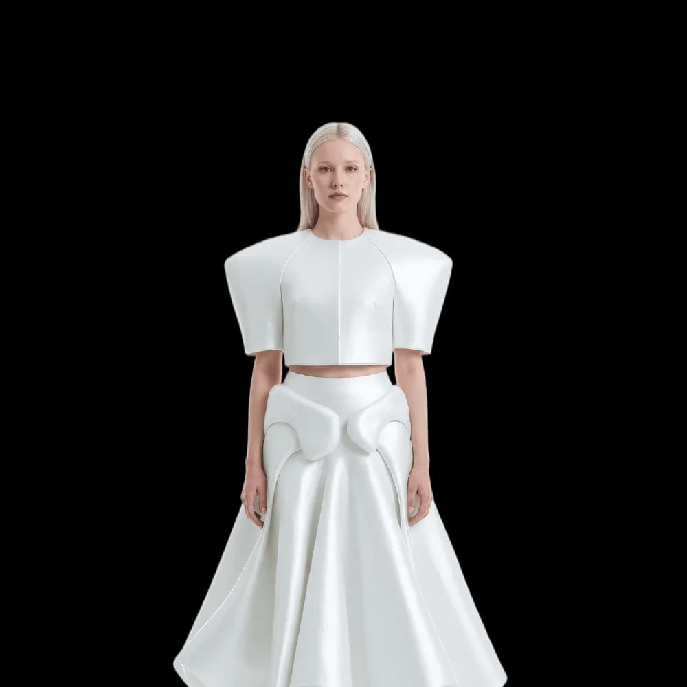 A sculptural white crop top and full skirt generated from a minimal Visual DNA