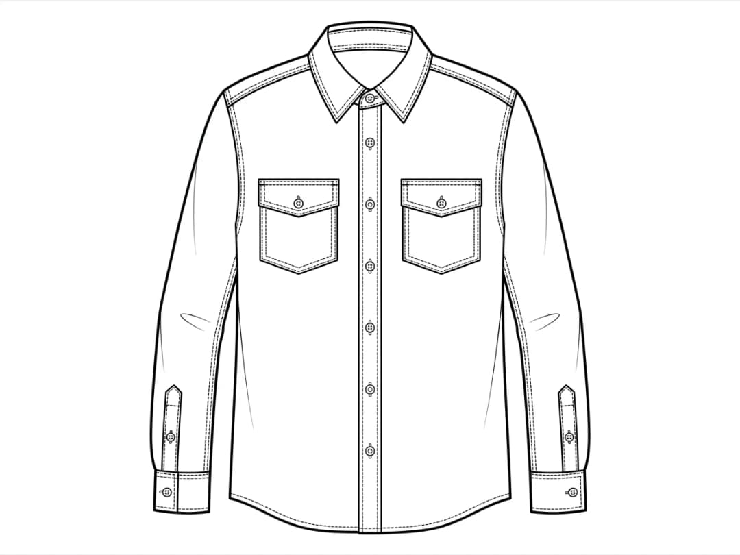 A technical flat sketch of a shirt, drawn from a written description