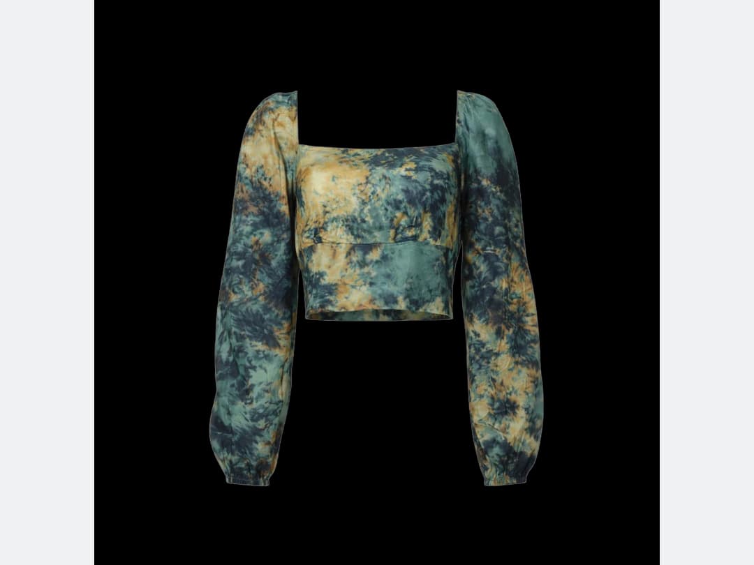 A cropped tie dye top, the garment the print is taken from