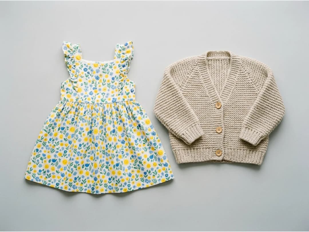 A toddler's summer dress with a knitted cardigan