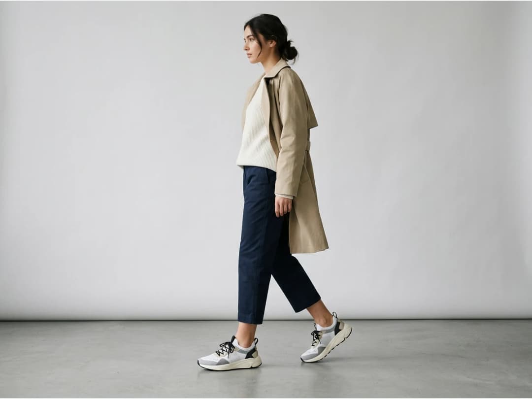 a model photographed to show footwear, sneakers with cropped trousers