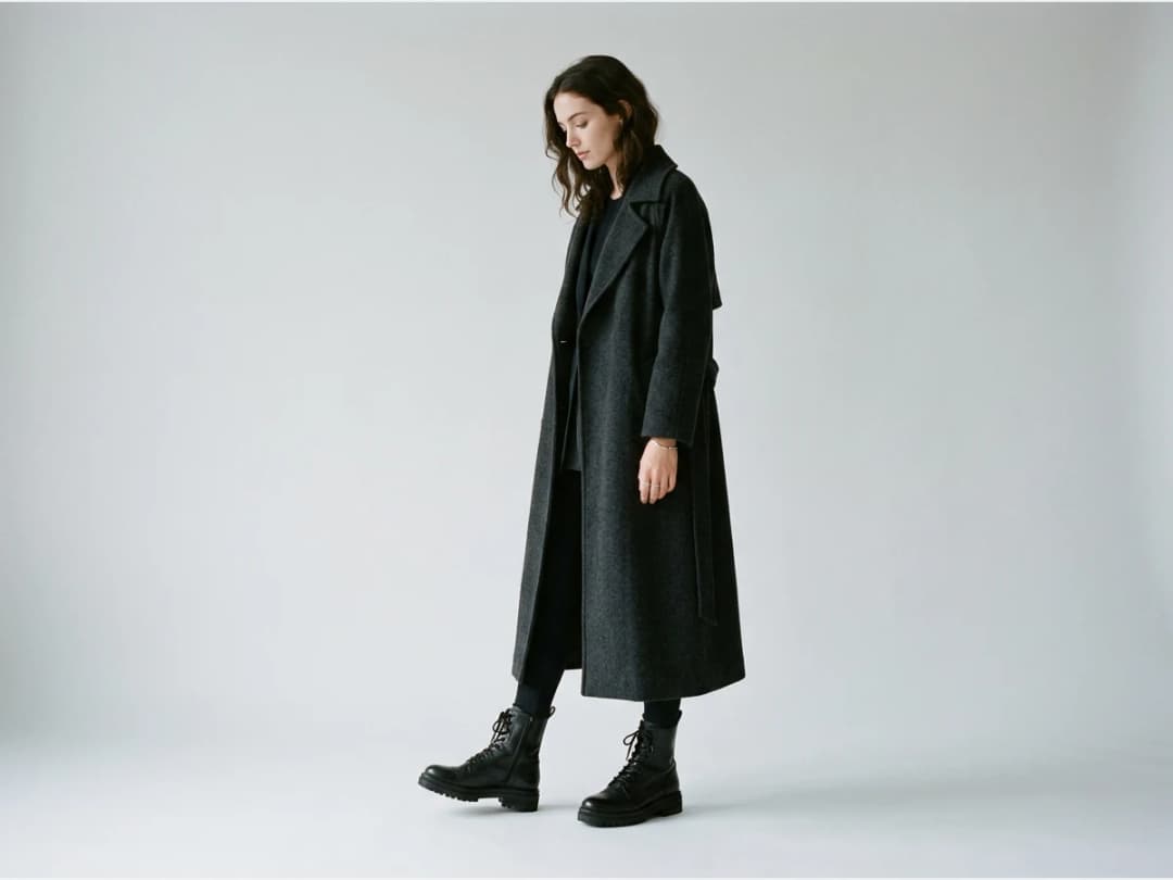 a model photographed to show footwear, boots under a long coat