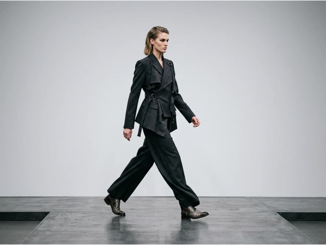a model walking a fashion show runway, full length, mid stride
