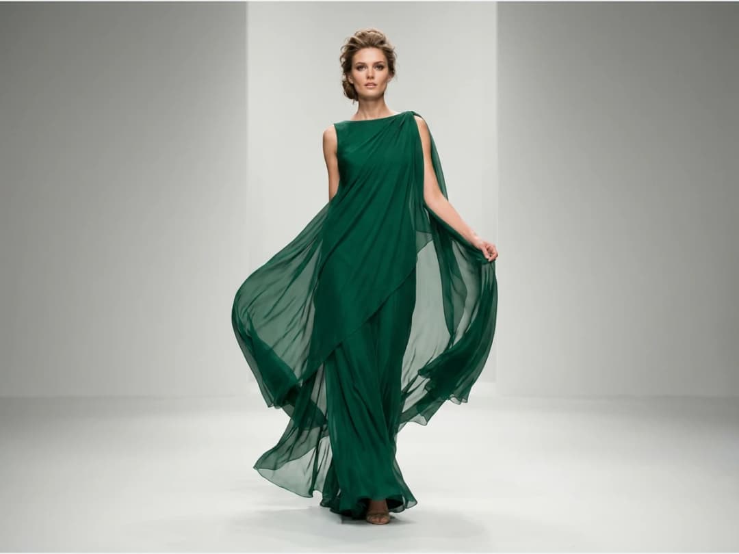 a model walking a fashion show runway, an evening look with movement in the fabric