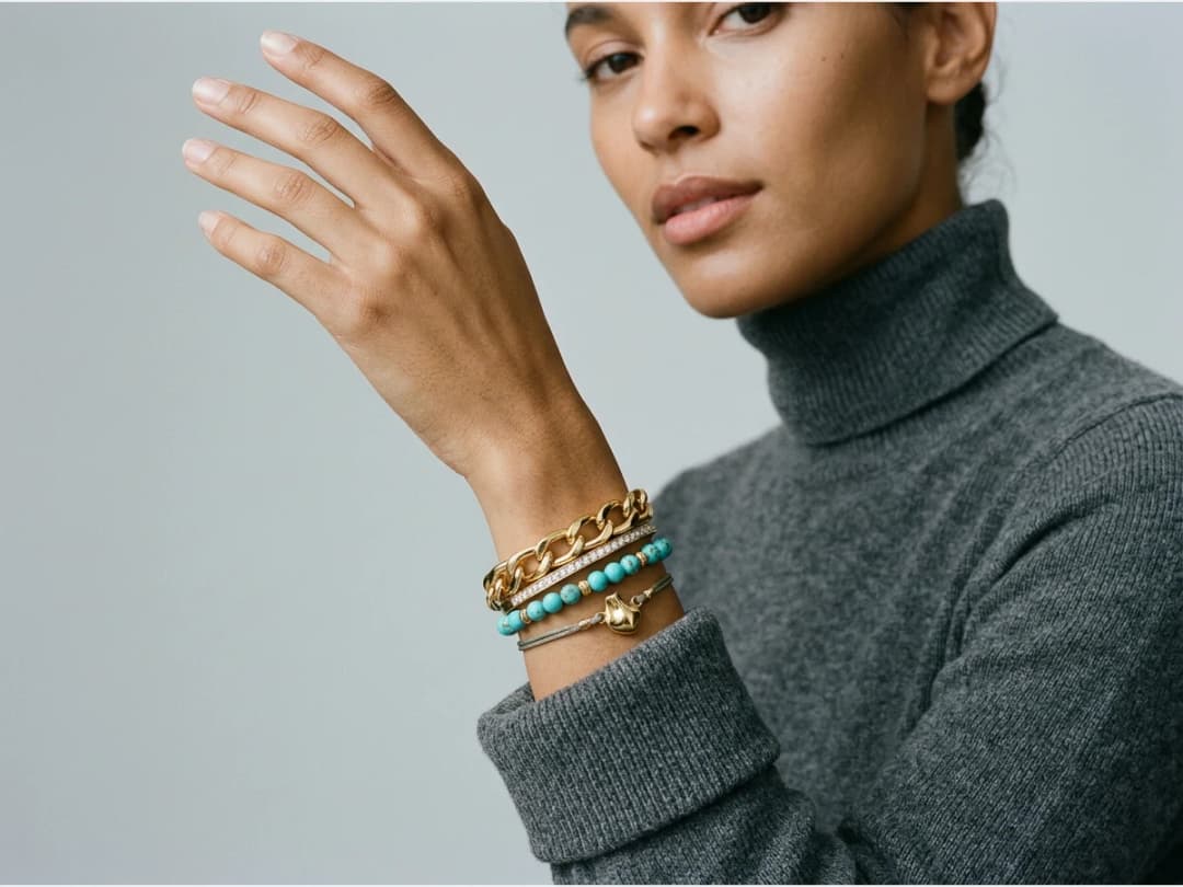 a model photographed to show a bracelet on the wrist, a raised hand, close crop
