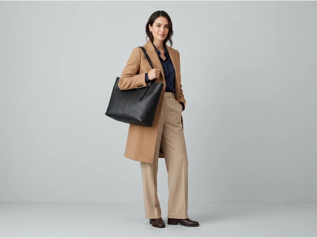 a woman holding a designer leather handbag, a tote on the shoulder, full length
