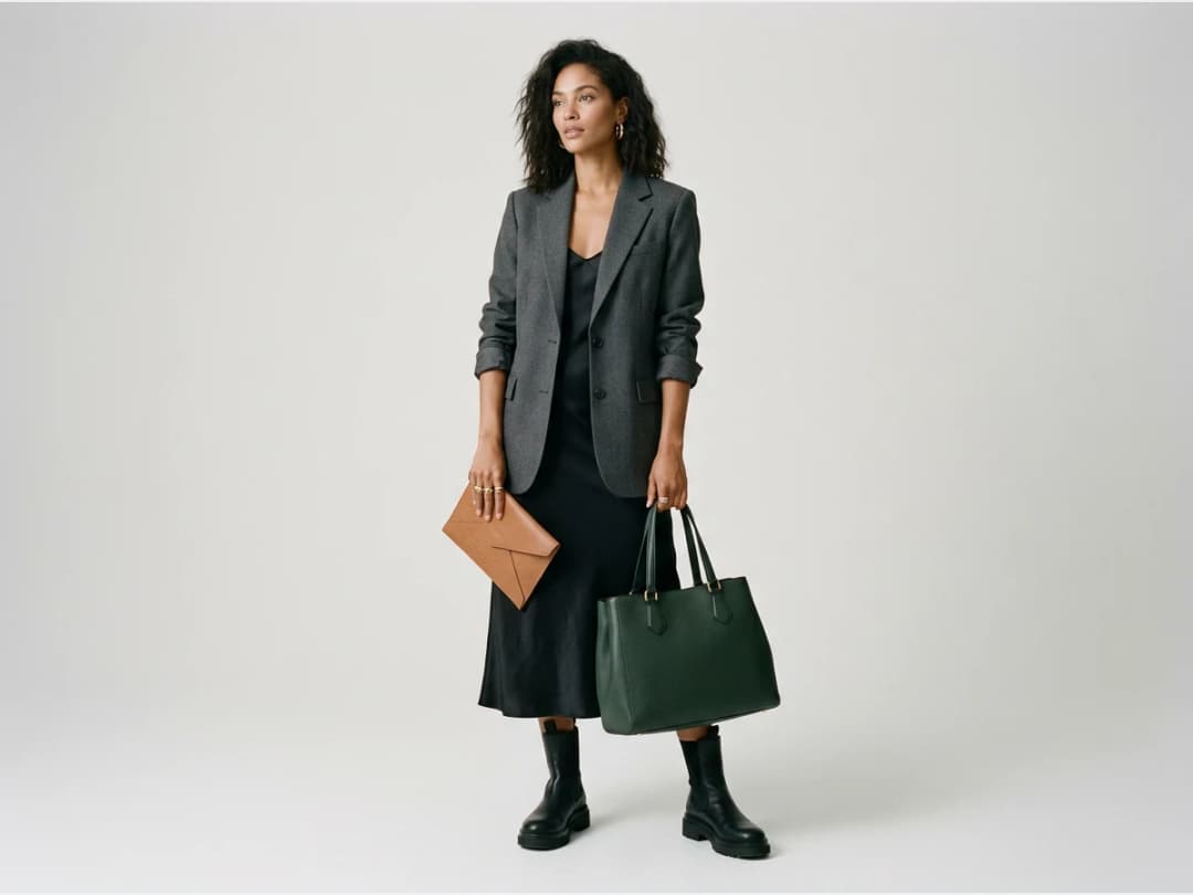 a woman holding a designer leather handbag, a clutch held in one hand