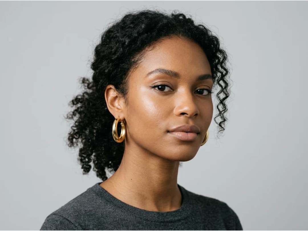 a close portrait of a model wearing earrings, gold hoops