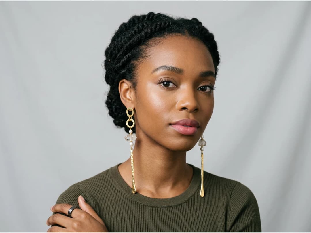 a close portrait of a model wearing earrings, long drop earrings