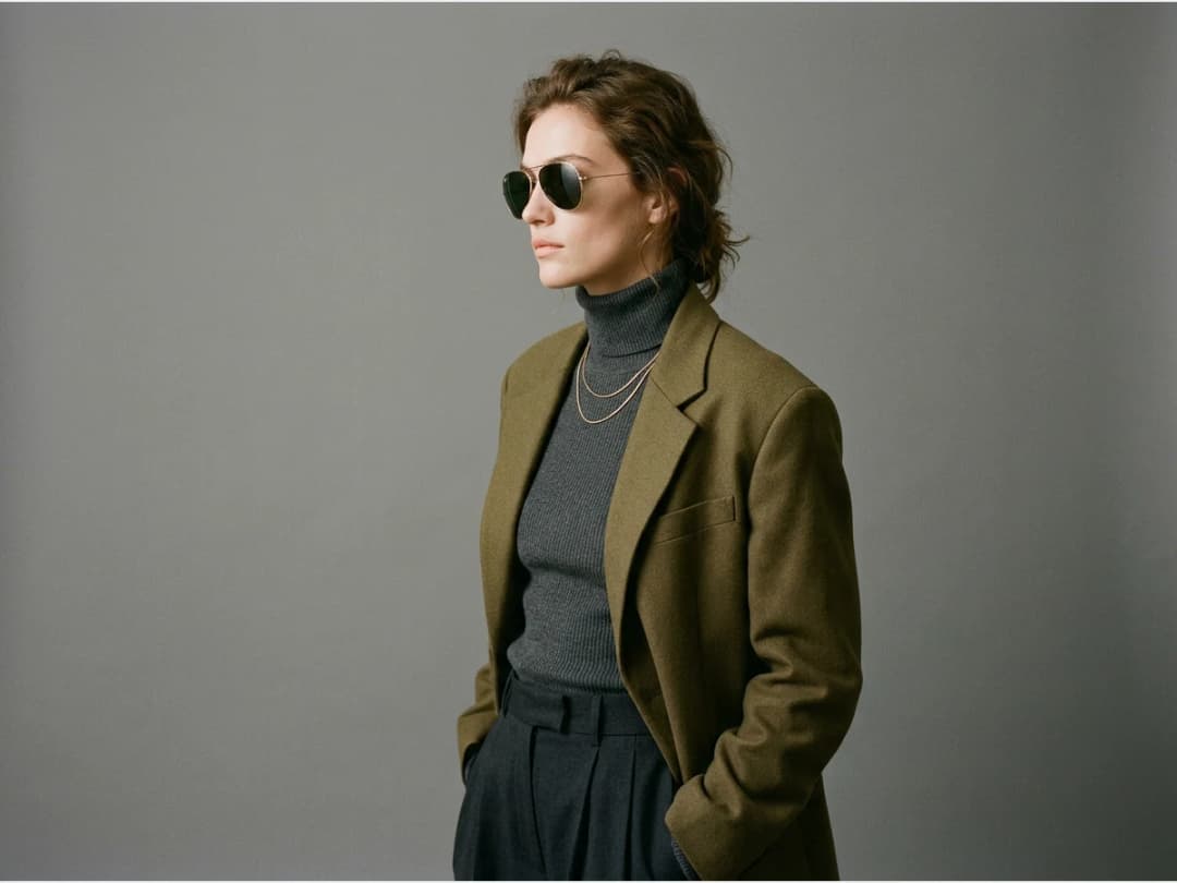 a model wearing sunglasses, aviators, three quarter