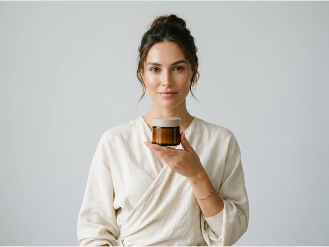 a model presenting a beauty product, holding a cream jar