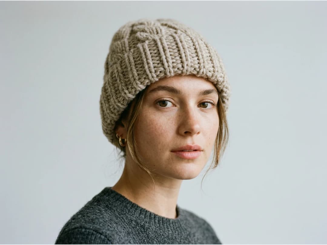 a model wearing a head accessory, a wool beanie, close portrait