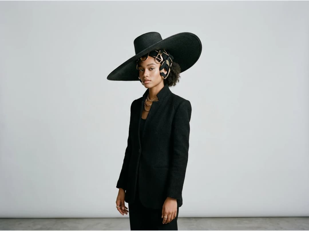 a model wearing a head accessory, a wide brim hat