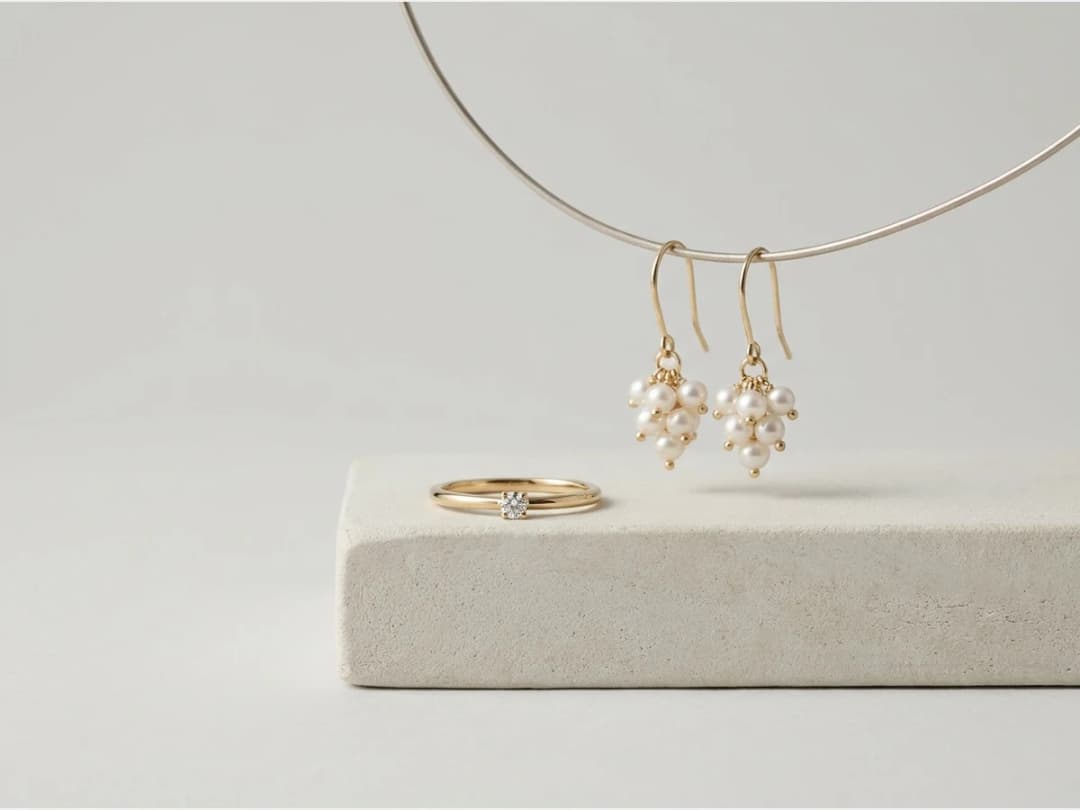a fine gold ring set with a single stone, product shot, a third design, drop earrings in gold and pearl