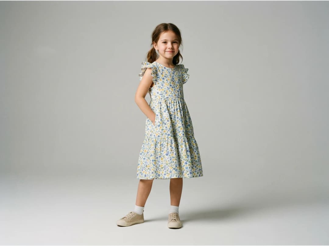 a child model wearing clothing, a girl in a summer dress, full length