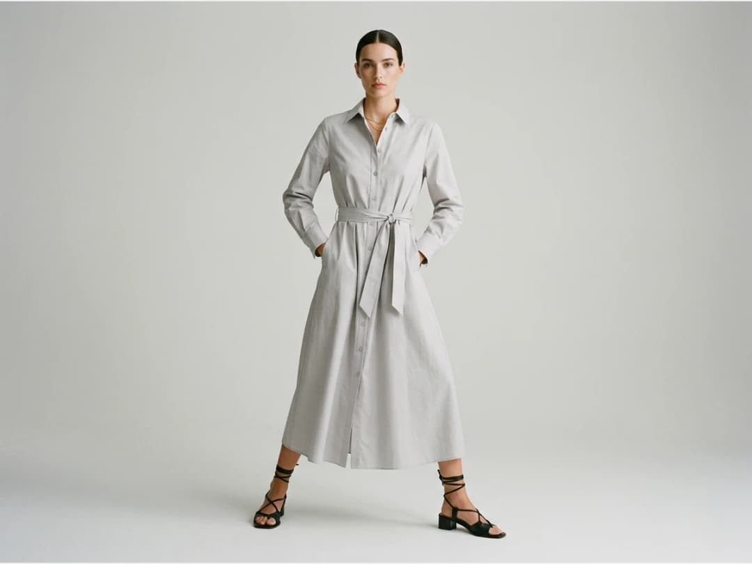 a model wearing a dress, a midi shirt dress, full length