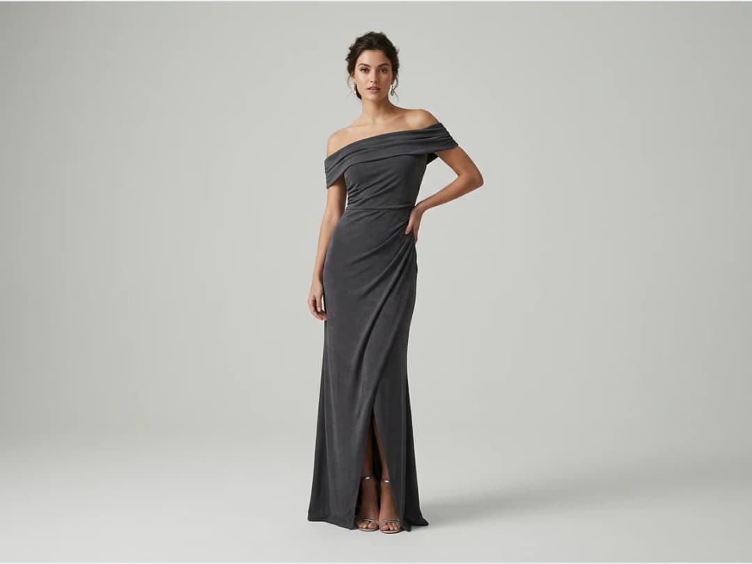 a model wearing a dress, a floor length evening dress