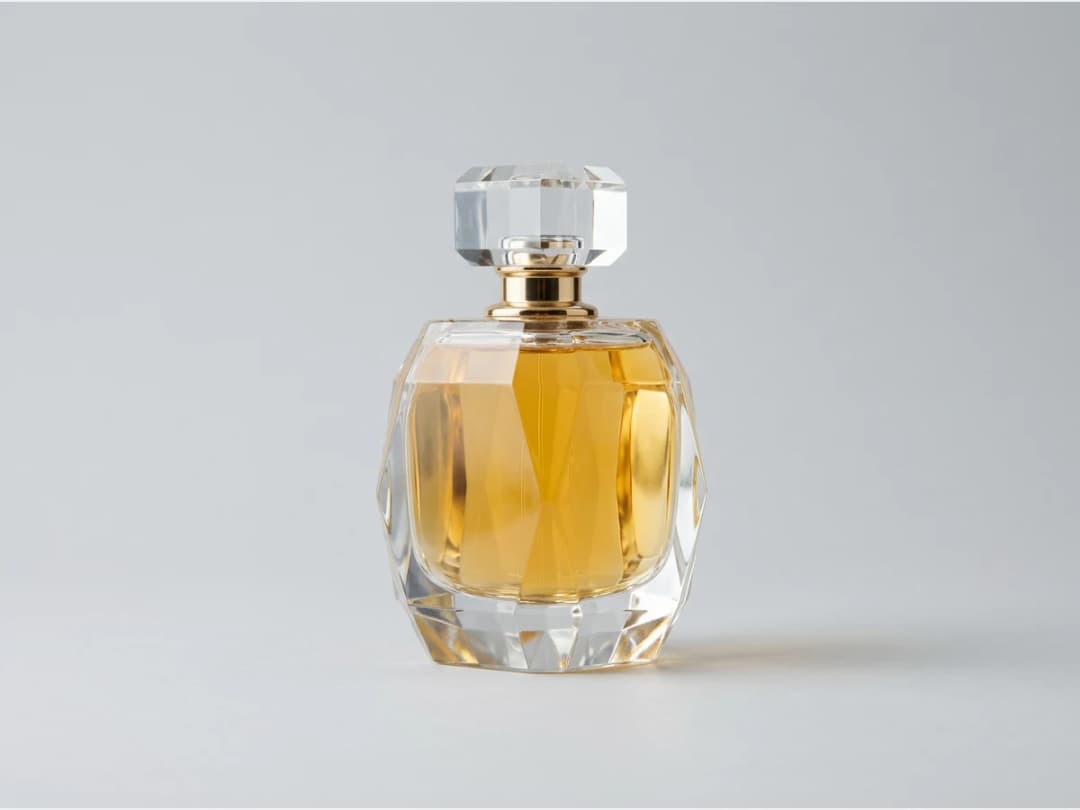 a perfume bottle, product shot, a faceted glass flacon