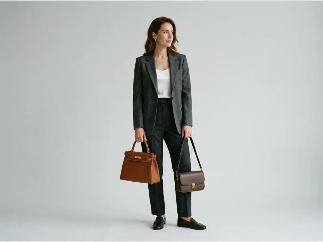 a woman holding a designer leather handbag, a small leather shoulder bag