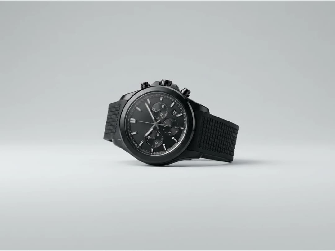 a wristwatch, product shot, a sport chronograph on a rubber strap