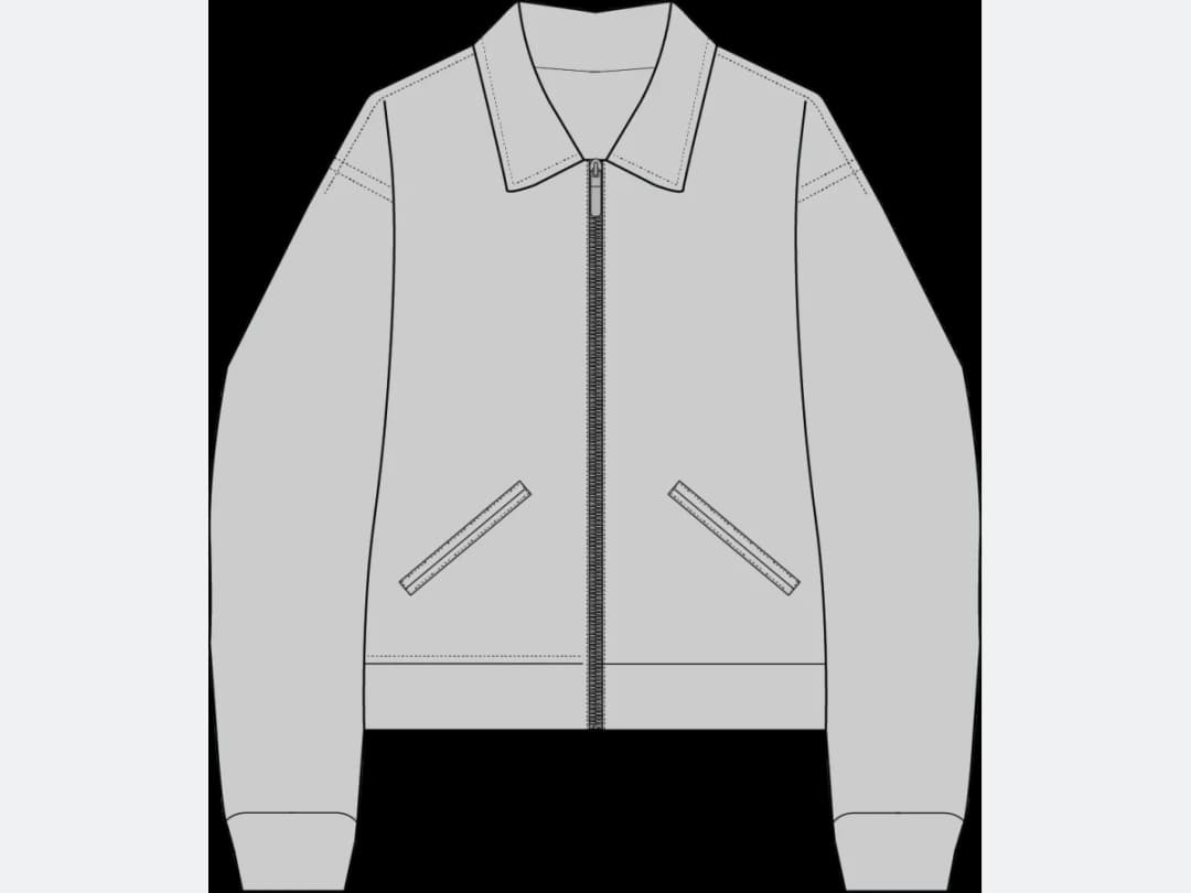 A technical flat sketch of a bomber jacket, drawn but not yet made of anything