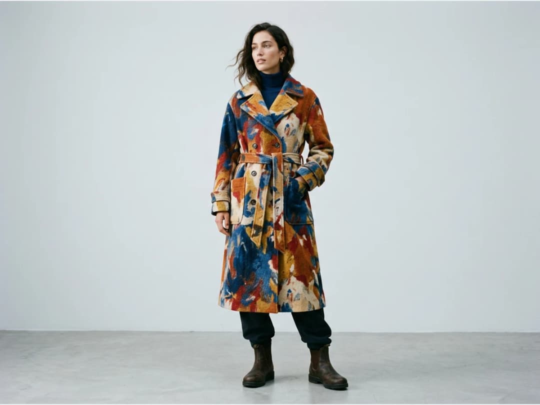 a wool coat printed with a painterly pattern, a coat in a painterly print
