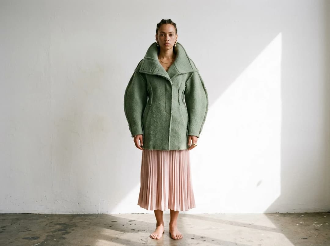 An AI fashion model in a sculptural sage-green funnel-collar coat and a powder-pink pleated skirt, generated from a written description