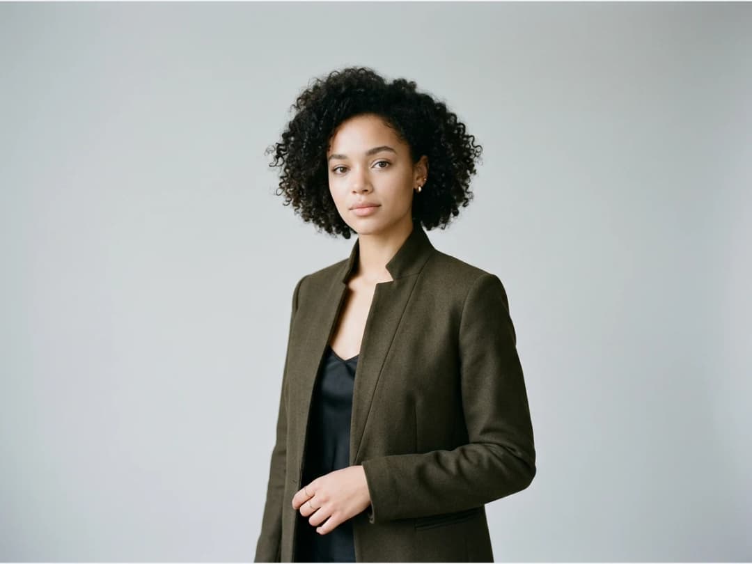 a fashion portrait of a model, studio light, one face, neutral expression