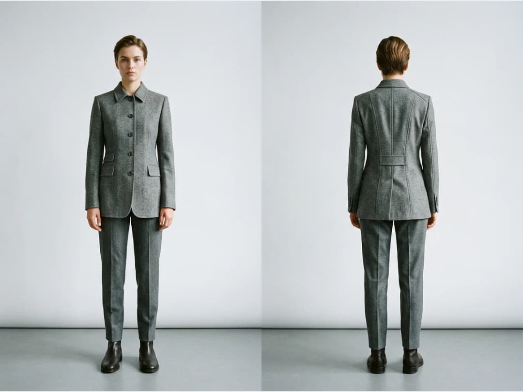 a garment shown front and back, a jacket, front view