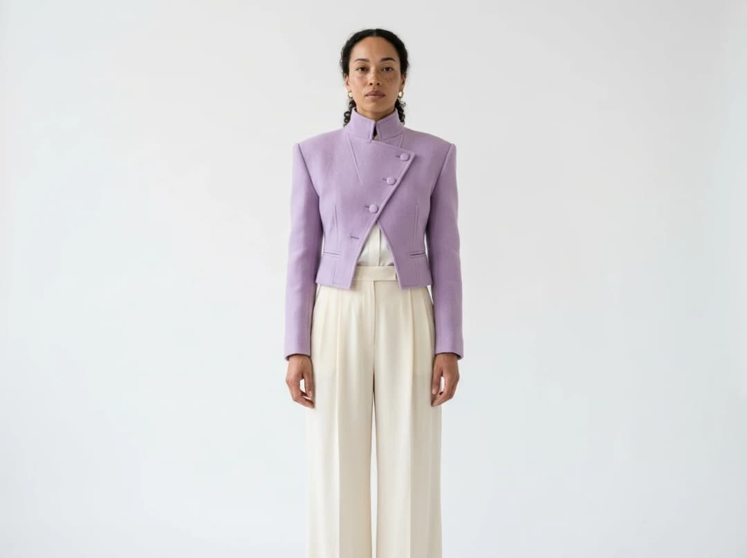 An AI model in a lilac cropped jacket and cream trousers on a plain white background, an e-commerce product photo ready for a Shopify listing