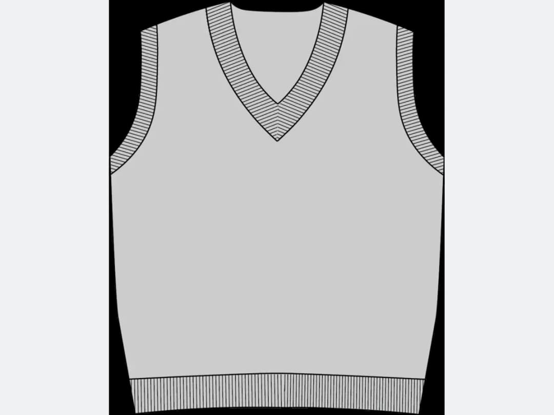 A technical flat sketch of a V-neck knitted vest, drawn front view