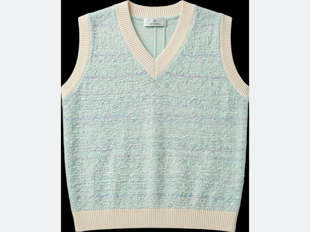 The finished vest, generated from the drawing alone, the same neckline, the same ribbed hem