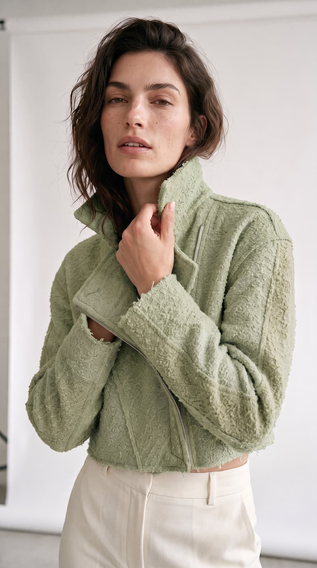 A model in a sage green textured jacket with a high collar, the same piece in another colorway