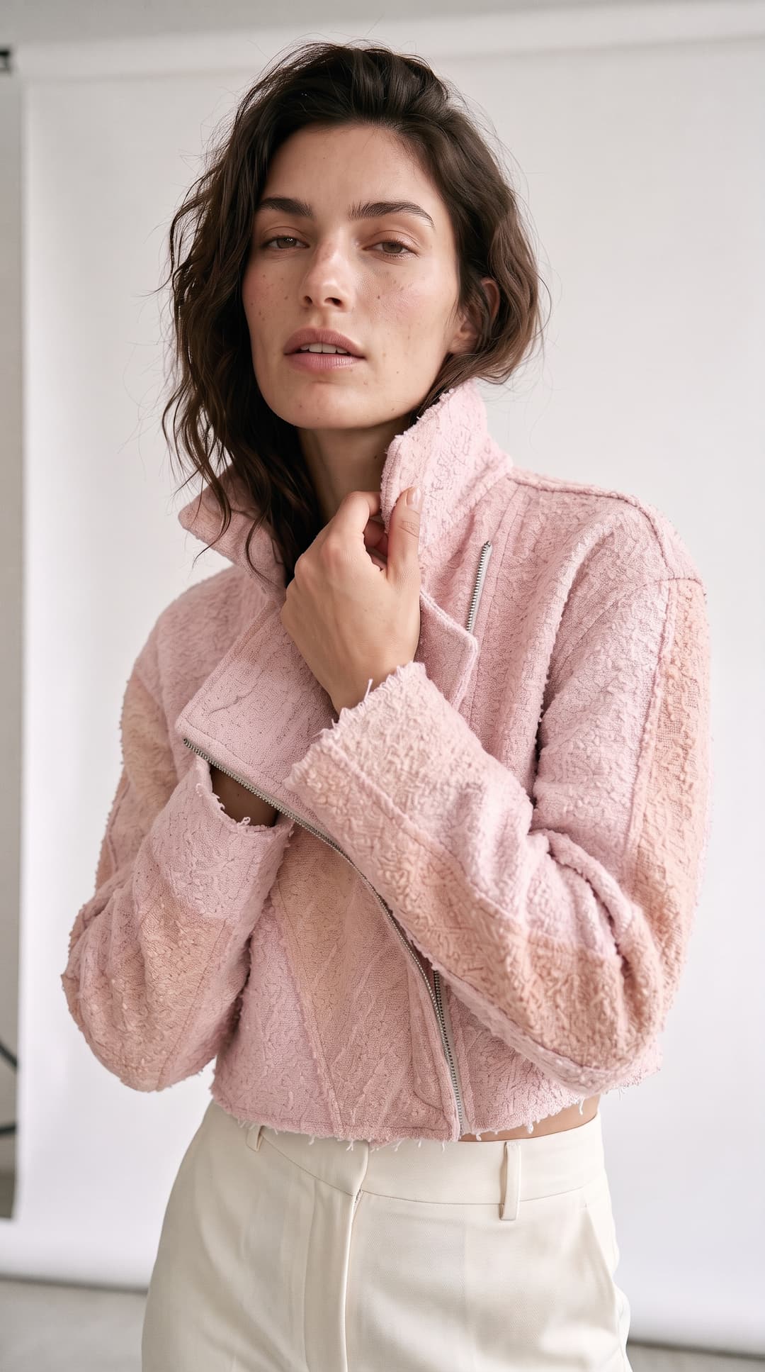 A model in a soft pink textured jacket with a high collar and cream trousers, one colorway of a brand's capsule